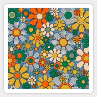 Retro Garden Gingham Flowers Colorful Vintage Aesthetic Floral Pattern Blue Mustard Green Orange Sticker